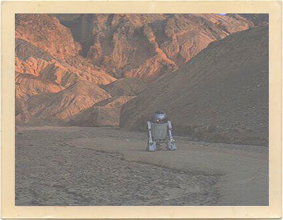 The droid, R2-D2, moves through an isolated arroyo. This scene from the 1977 Sci-Fi classic, “Star Wars,” was shot in Death Valley, California, in an area called Artists Palette.
