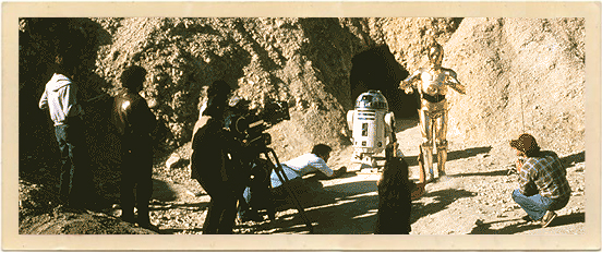 Stars Wars production crew with the droids in Death Valley, California.