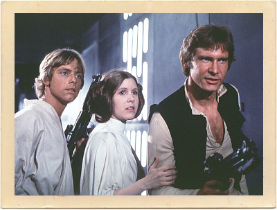 The three young breakout stars of the 1977 Sci-Fi classic, “Star Wars”: Mark Hamill (as Luke Skywalker), Carrie Fisher (as Princess Leia), and Harrison Ford (as Han Solo).