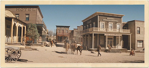 A scene from Silverado on what was then the Cook Movie Ranch Set. This Western Town was built specifically for filming Silverado, and most of the movie was shot either here or on other nearby locations in Northern New Mexico.